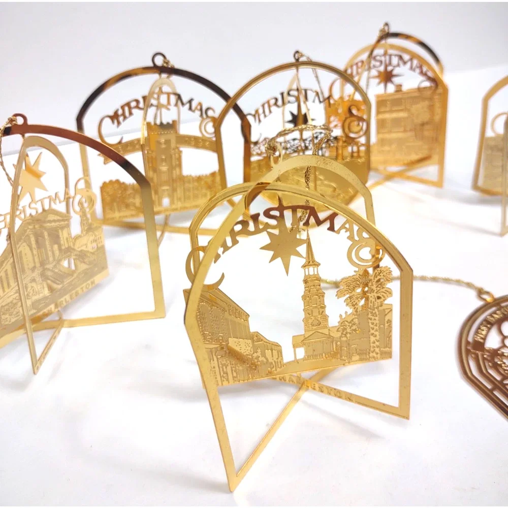 Lot of 6 VTG CHARLESTON SC Novelty 24K Gold Plate Flat Christmas Ornaments 90s